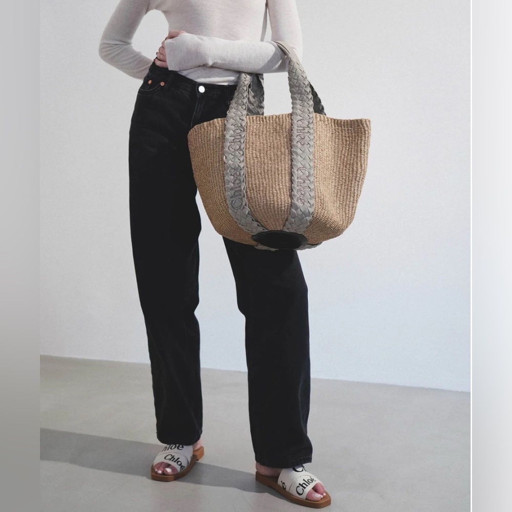 NWT Authentic Chloé Large Woody Braided Grey Raffia - Picture 4 of 11